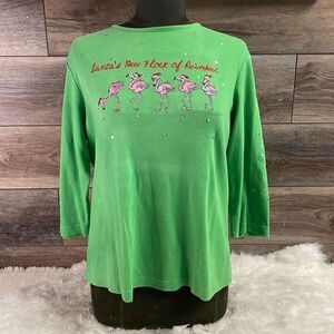 CB CASUAL Women’s Embroidered Flamingo Santa Hats Holiday Christmas Top Size Med